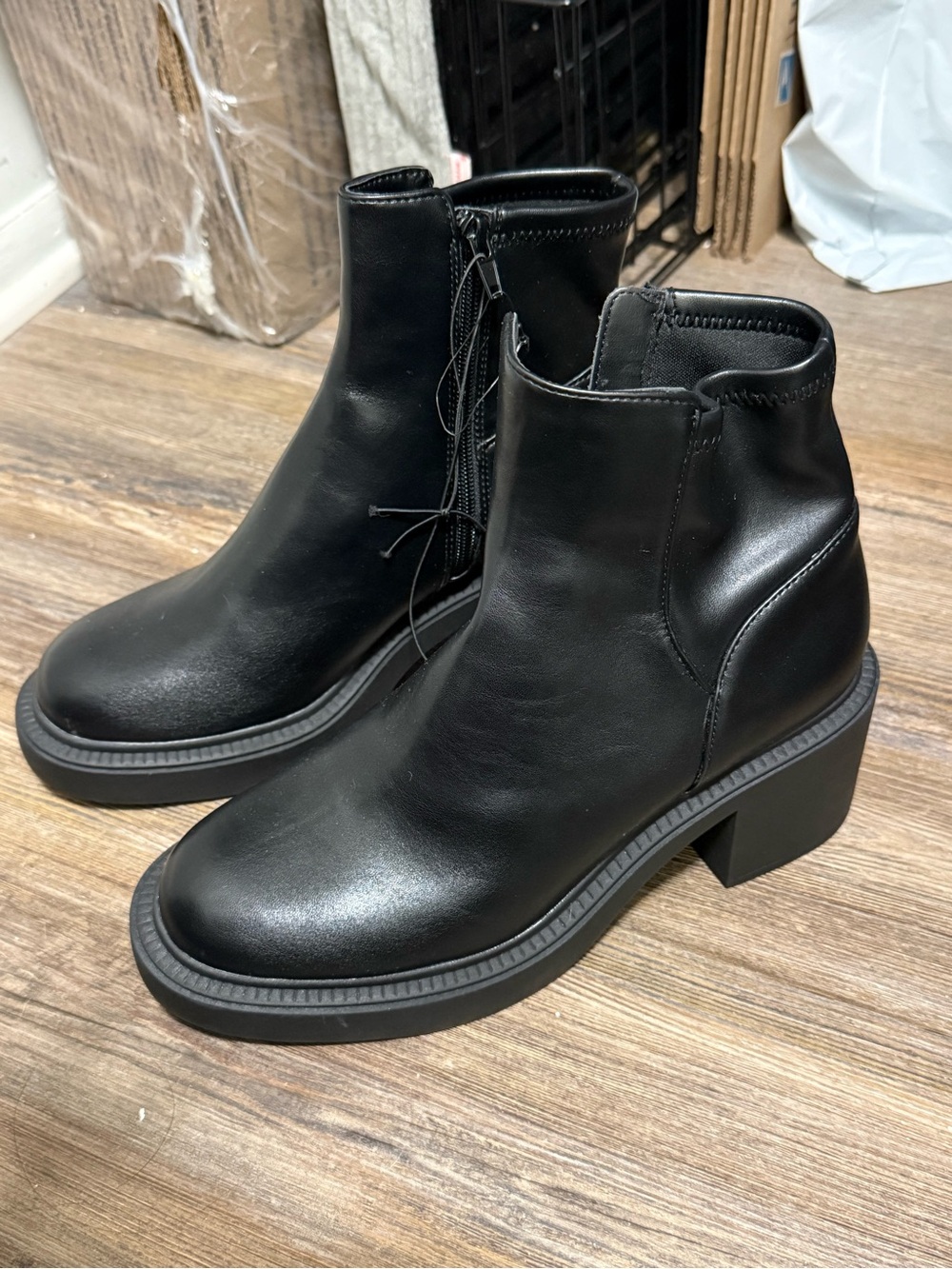 Madden Girl Black Leather Block-Heel Ankle Boots